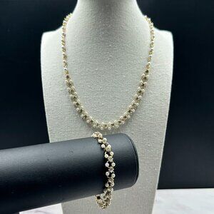 Vintage Lady Remington Necklace Bracelet Set Gold Tone Faux Pearl Rhinestone